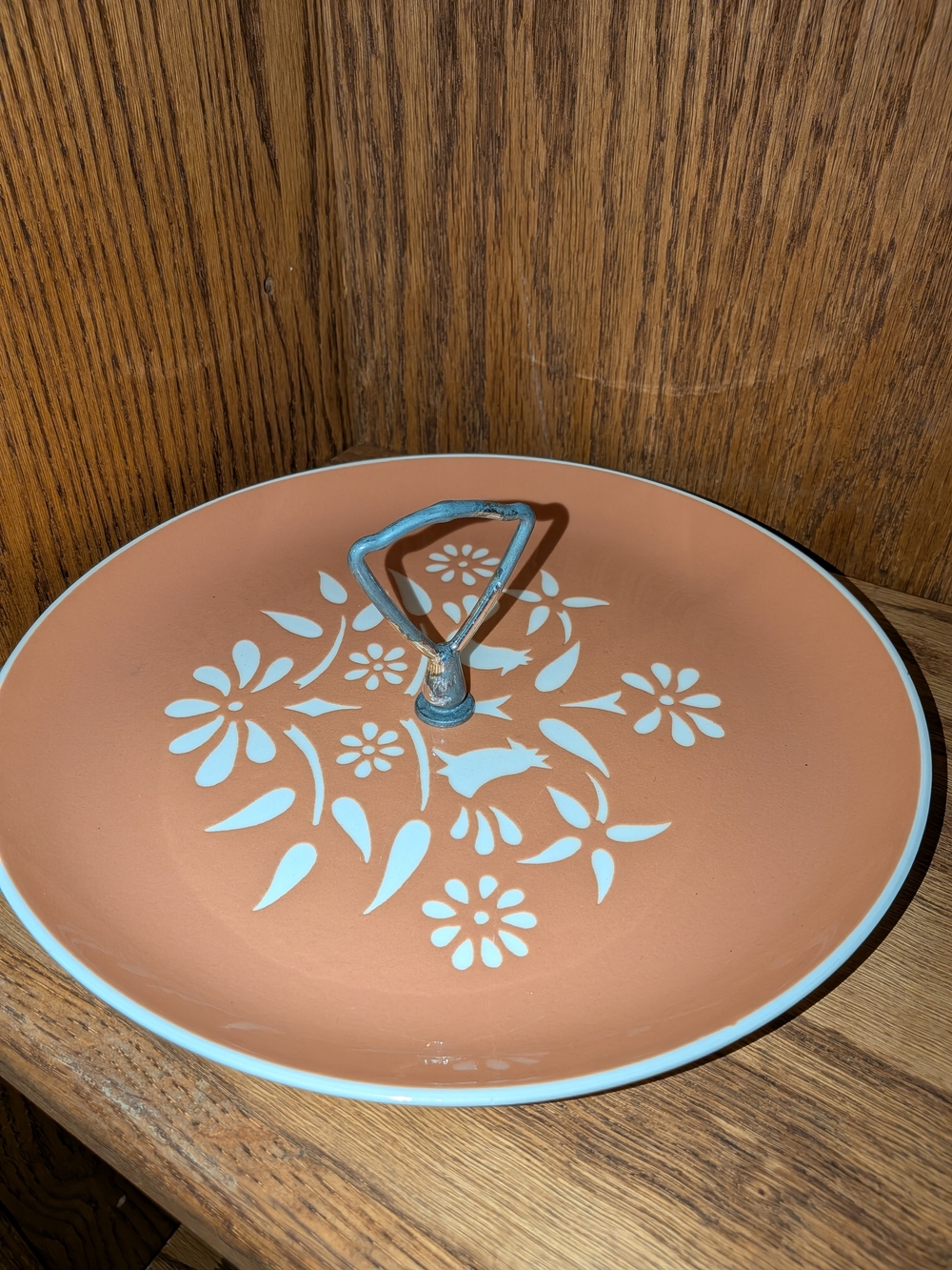 Terracotta Floral Two-Tier Plate with Silver Handle